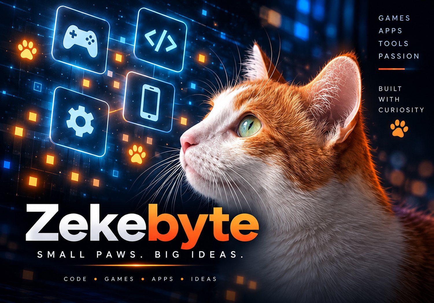 Zekebyte — Small paws. Big ideas. An orange-and-white cat looks up at glowing game, code, app and tool icons.